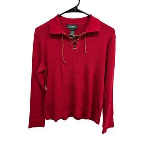 Lauren Ralph Lauren Long Sleeve Lace Up Polo Shirt Red Sz Large Cozy Knit Cotton